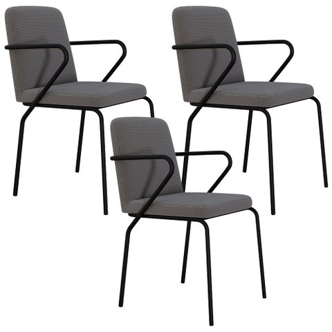 Kit 03 Cadeiras Estofada para Sala de Jantar com Braço Loft Preto C01 Linho Fendi Cinza - Lyam Decor