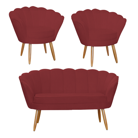 Kit Pétala Namoradeira e 2 Poltronas Decorativa Pés Palito Suede Vermelho Bordo - LM DECOR