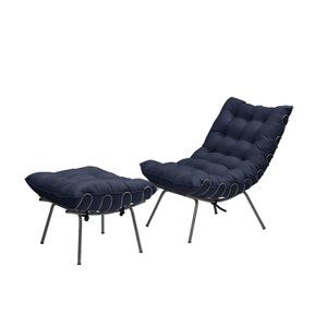 Poltrona Costela com Puff Adão Preto Veludo Azul Jotabe Móveis
