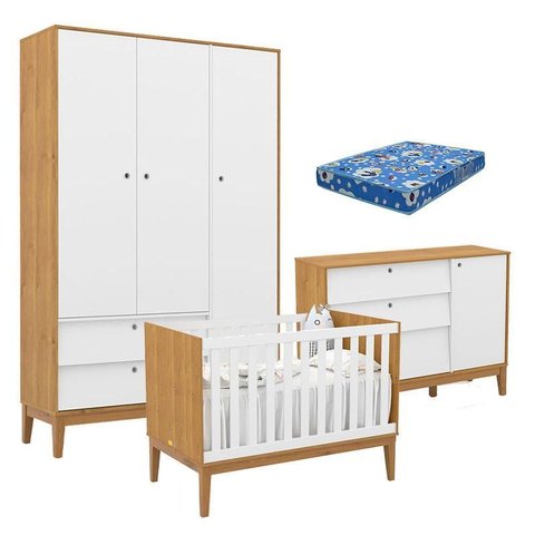 Quarto de Bebe Unique 3 Portas com Cômoda Sapateira Freijó Branco Soft Eco Wood e Colchão Ortobom - 