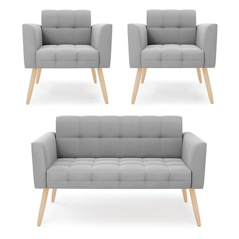 Kit 1 Sofá Namoradeira e 2 Poltronas Elisa Suede Cinza Pés Palito Natural - D’Rossi