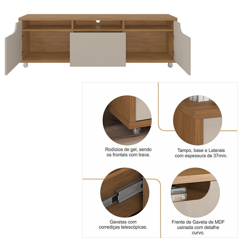 Rack Jersey 160 para TV 60 Pol Sala 1 Gaveta e 2 Portas Cedro/Off White - 3