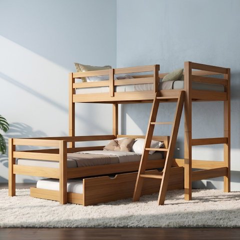 Cama Treliche em L com Auxiliar Solteiro Madeira:Mel