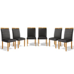 Kit com 6 Cadeiras Sara Madeira Maciça Estofadas para Mesa de Jantar Courino Preto 503