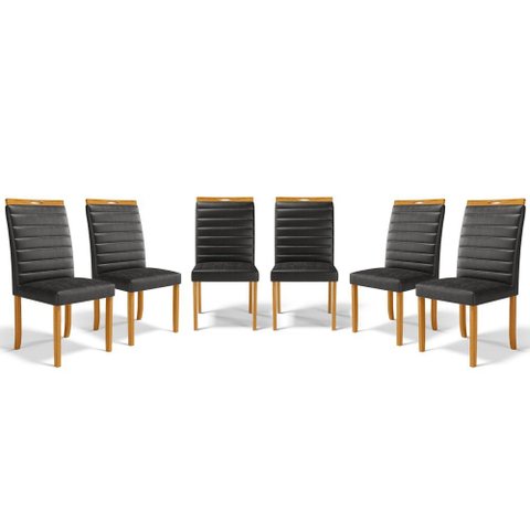 Kit com 6 Cadeiras Sara Madeira Maciça Estofadas para Mesa de Jantar Courino Preto 503