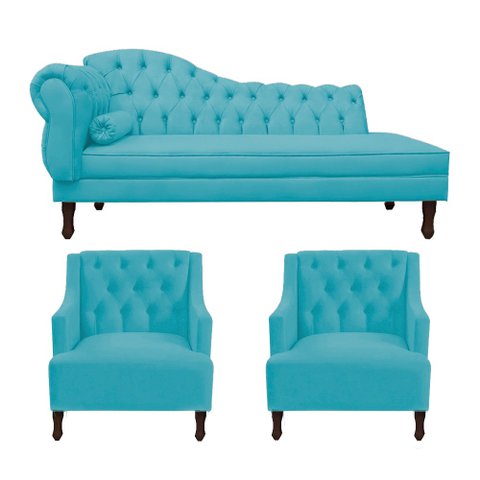 Kit Divã Cancun 140cm Braço Direito + 2 Poltronas Genesis Azul Turquesa
