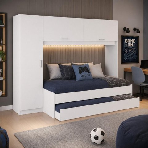 Bicama Menino com Guarda-Roupa 3 Portas para Colchão 78/88x188cm Pulse Multimóveis MP4858 Branco