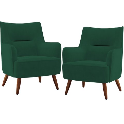 Kit 02 Poltronas Decorativa Fixa Pés de Madeira Isabella D02 Veludo Verde B-303 - Lyam Decor