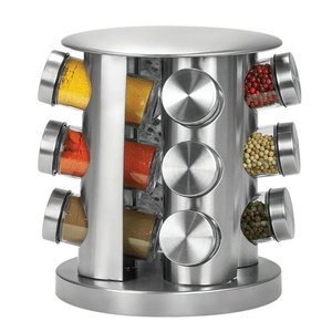 Porta Tempero e Condimentos Aço Inox com 12 Potes e Suporte Giratório e Base Redonda para Cozinha