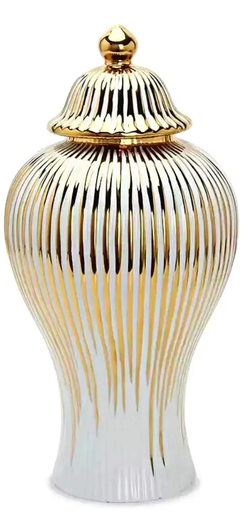 Vaso Branco E Dourado De Porcelana Luxo 42x20