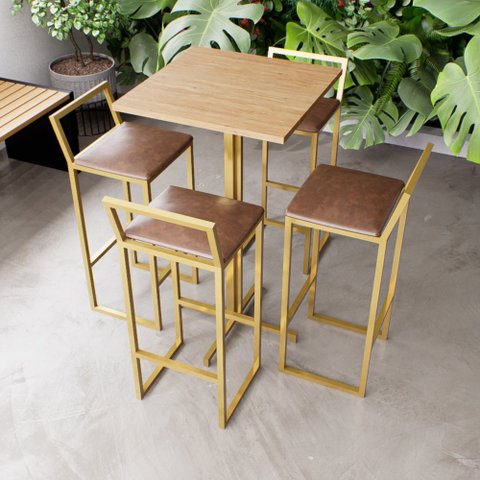 Jogo Mesa Alta Bistrô Quadrada Pinus 4 Banquetas Estofado Confort Ind Dourado Don Castro