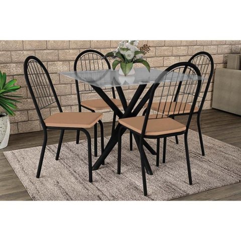Sala de Jantar Completa Volga C/ Tampo de Vidro 90cm e 4 Cadeiras Noruega Preto - Capuccino -