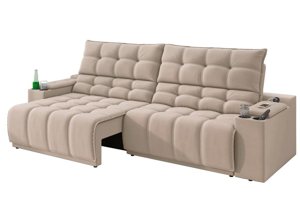 Sofá Connect Premium 2,30m Assento Retrátil/reclinável com Porta Copos e Entrada Usb Suede Areia - 4