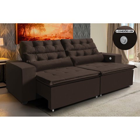 Sofá 3 Lugares América 212cm Retrátil, Reclinável, Tecnologia Carregamento 3 portas USB Marrom
