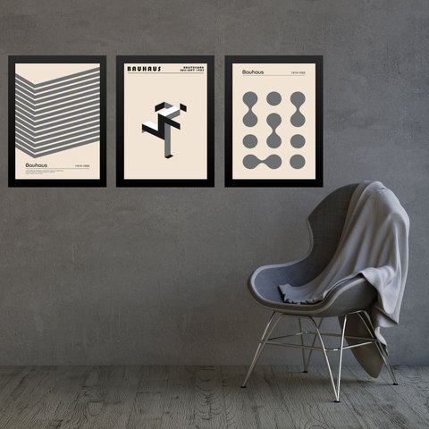 Kit 3 Quadros Artes Bauhaus Cinza e Bege Minimalistas 24x18cm:moldura Preta
