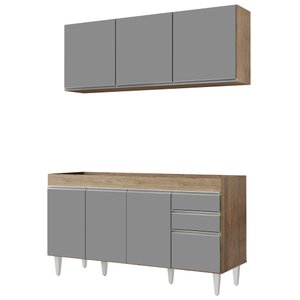 Armário Aéreo Argélia e Balcão Gabinete Para Pia 150cm sem Tampo Marrocos Castanho/Cinza -