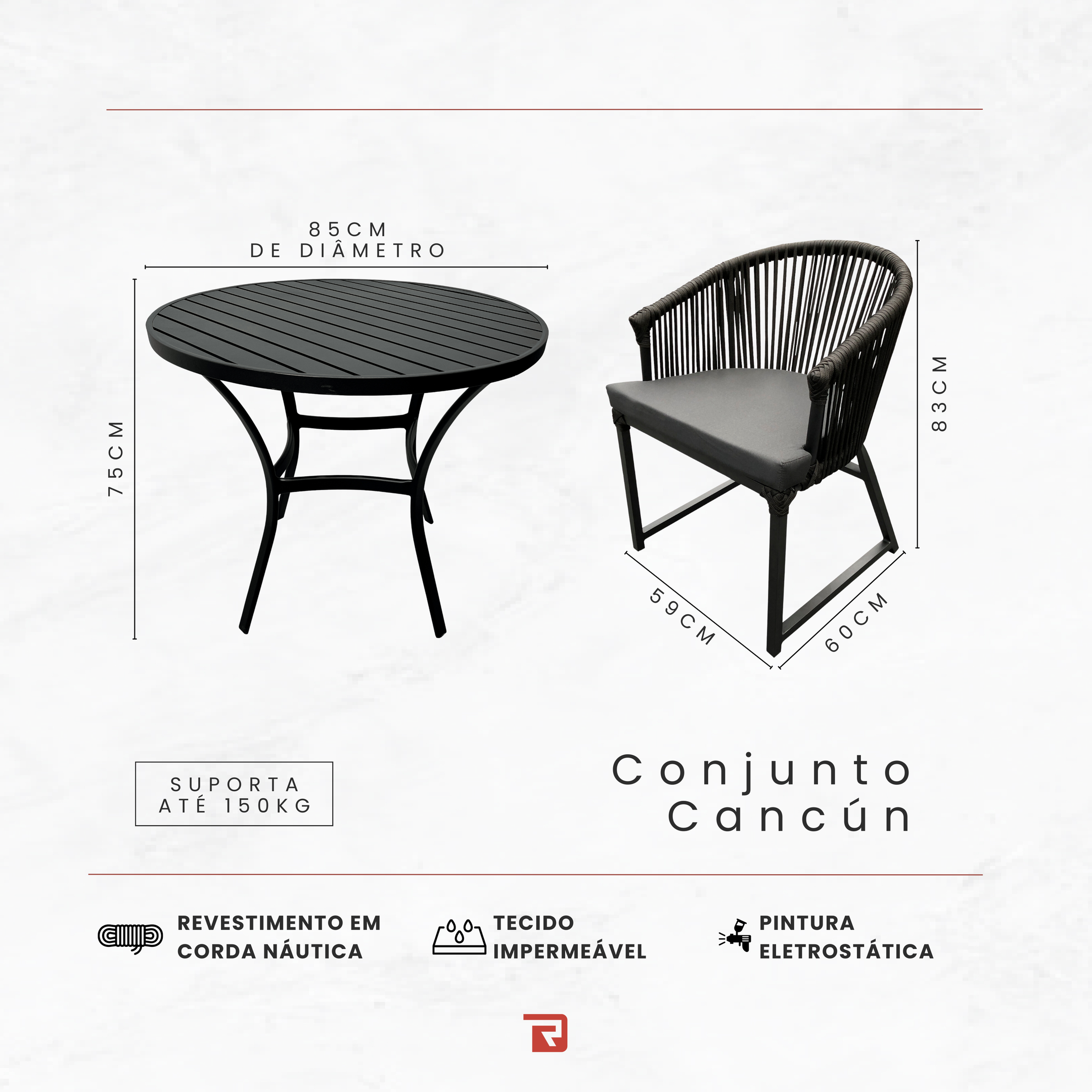 Conjunto Cancún - Alumínio Pintado Preto, Corda Náutica - Preto - 7