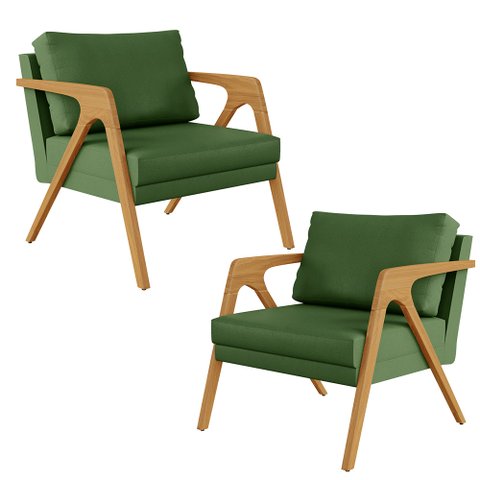 Kit 02 Poltronas Decorativa Sala Pietra Com Estrutura Madeira L02 Facto Verde Musgo - Lyam Decor