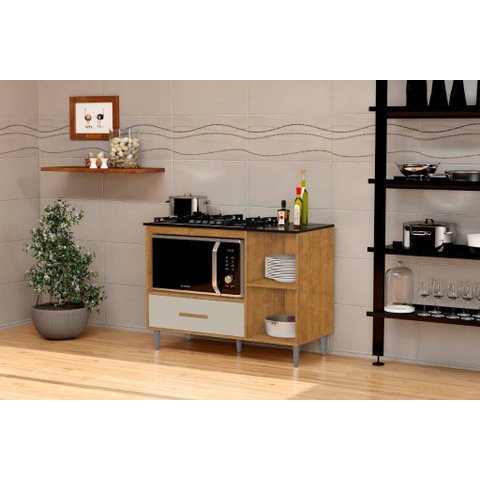 Balcão Armário para Cooktop Co com Nicho para Forno Cor Ipê / Off White