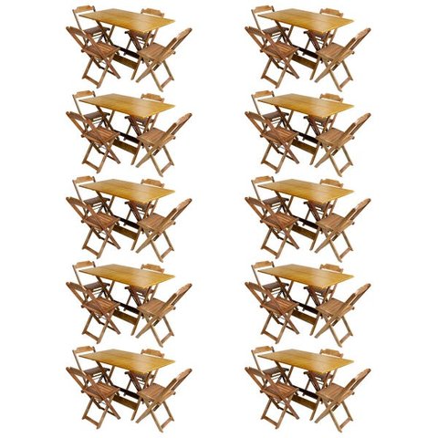 Kit 10 Jogos de Mesa com 4 Cadeiras de Madeira Dobrável 120x70 Ideal para Bar e Restaurante - Mel