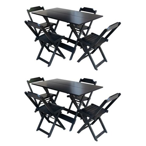 Kit 2 Jogos de Mesa com 4 Cadeiras de Madeira Dobrável 120x70 para Bar e Restaurante - Preto