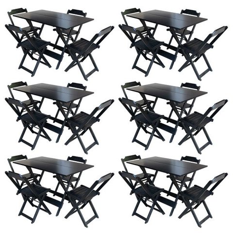 Kit 6 Jogos de Mesa com 4 Cadeiras de Madeira Dobrável 120x70 para Bar e Restaurante - Preto