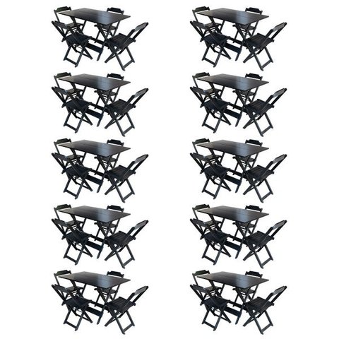 Kit 10 Jogos de Mesa com 4 Cadeiras de Madeira Dobrável 120x70 para Bar e Restaurante - Preto