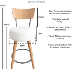 Kit 4 Banqueta Média Cozinha Estofada Off-white com Encosto Madeira Urban - 4