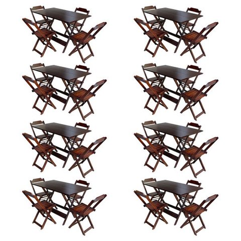 Kit 8 Jogos de Mesa com 4 Cadeiras de Madeira Dobrável 120x70 Ideal para Bar e Restaurante - Imbuia