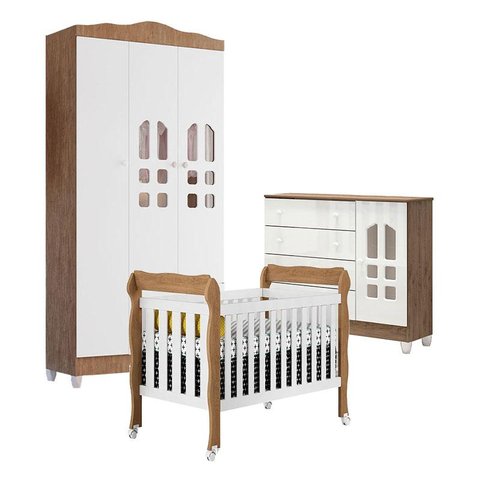 Quarto de Bebê New Selena 3 Portas com Berço Lila e Cômoda Selena Branco Acetinado Amadeirado – Caro