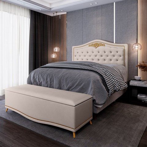Cabeceira Cama Box Casal 140cm Com Calçadeira Baú Imperial J02 Suede Bege - Mpozenato
