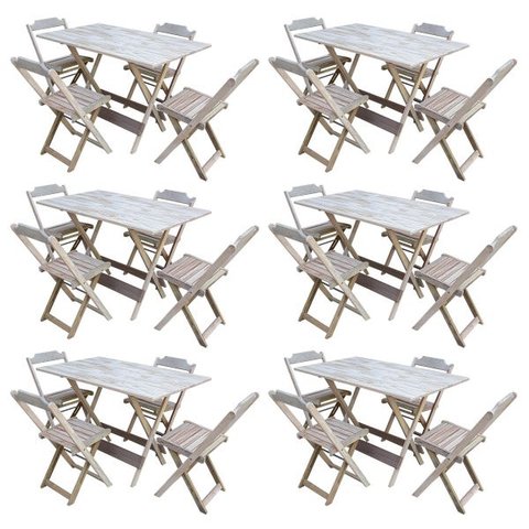 Kit 6 Jogos de Mesa com 4 Cadeiras de Madeira Dobrável 120x70 Ideal para Bar e Restaurante - sem Pin