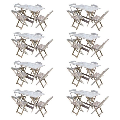 Kit 8 Conjuntos de Mesa com 4 Cadeiras de Madeira Dobrável 120x70 sem Pintura/crua