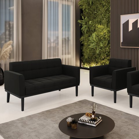 Conjunto Poltrona e Namoradeira Decorativa Karen Pés Fixo em Madeira Preto Suede Preto G19 - Gran Be