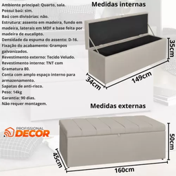 Calçadeira Baú Recamier Queen 160cm Carla Veludo:bege - 3