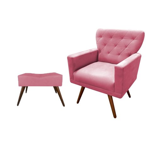 Kit Poltrona Decorativa Aurora + 1 Puff Retangular Suede Rosa Pés Madeira Ms Decor