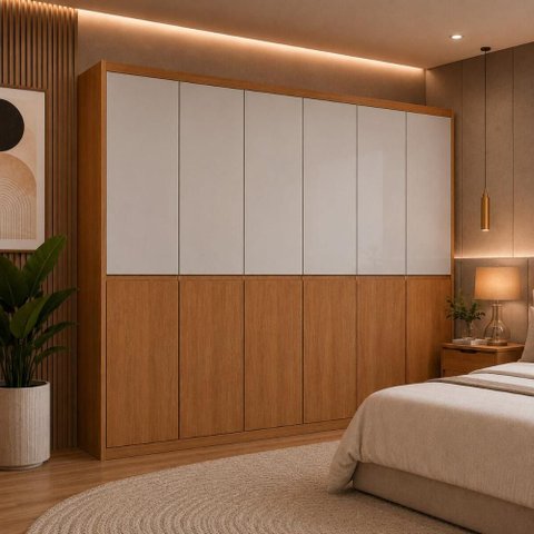 Guarda-Roupa Casal 100% MDF com 6 Portas e 4 Gavetas 220cm Multimóveis CR35542 Madeirado/Off White/