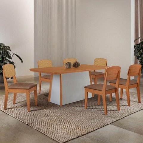 Mesa Jantar Diane 180cm Tampo MDF Lam 6 Cadeiras Copper Prem Moderna Tork Naturale Off White