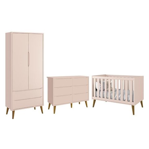 Dormitório Completo Infantil Theo 2 Portas, Cômoda 6 Gavetas e Berço Rosa Fosco com Pés Amadeirado -