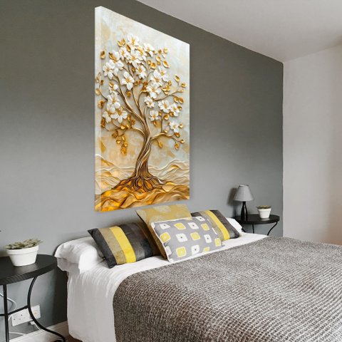 Quadro Décor Árvore 3d com Ondas Flores Brancas Folhas Douradas Sala Quarto Casa Escritório