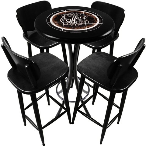 Cj Mesa Madeira Azulejo 60cm - Bistrô Fixa 98cm + 4 Banquetas 73 - Preta - Coffee