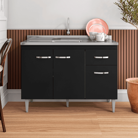 Balcão Gabinete de Pia Cozinha Multiuso 120cm sem Tampo Gabriela Preto Fosco- Mabe Magazine