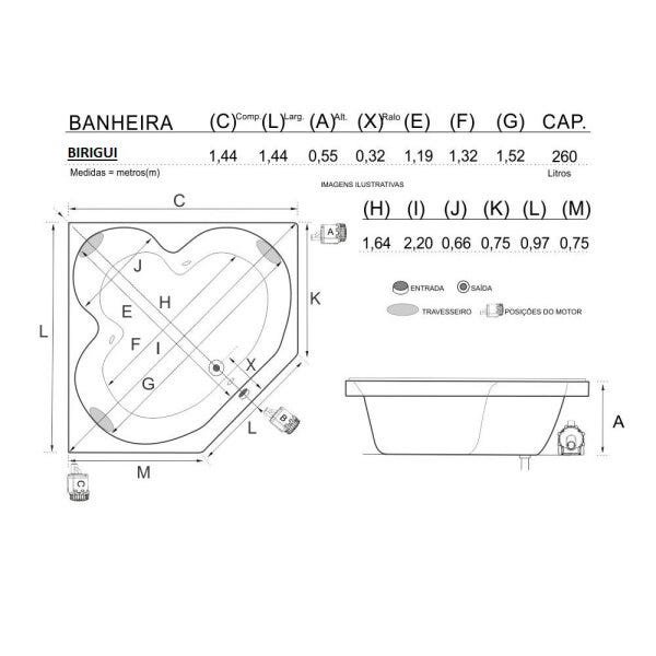 Banheira de Canto Birigui COMPLETA com hidro 1,44x1,44x0,55 Gel Coat 110v - Brasil Banheiras - 2