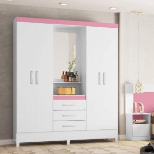 GUARDA ROUPA CAPELINHA PÉRSIA 4 PORTAS BRANCO/ROSA - DEMÓBILE