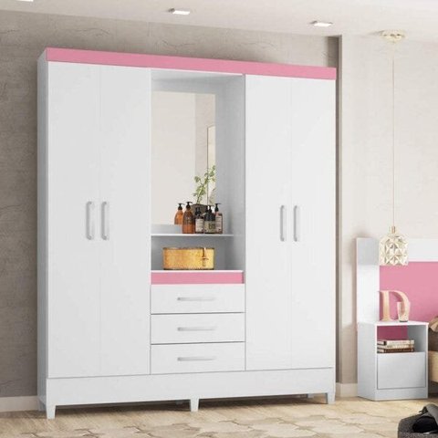 GUARDA ROUPA CAPELINHA PÉRSIA 4 PORTAS BRANCO/ROSA - DEMÓBILE
