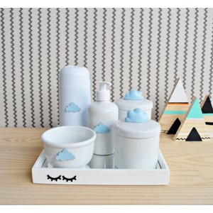 Kit Higiene Cílios Porcelana Bebe Termica Bandeja - Nuvem Azul