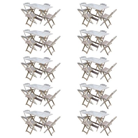 Kit 10 Jogos de Mesa com 4 Cadeiras de Madeira Dobrável 120x70 Ideal para Bar e Restaurante - sem Pi