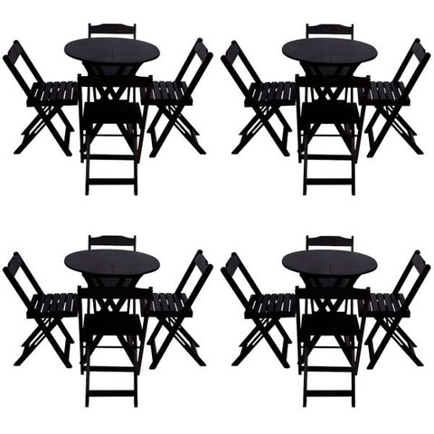 Kit 4 Jogos de Mesa Dobrável com 4 Cadeiras Tampo Redondo 70x70 Preto