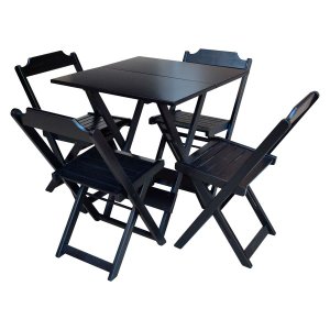 Jogo de Mesa com 4 Cadeiras de Madeira Dobrável 60x60 Ideal para Bar e Restaurante - Preto