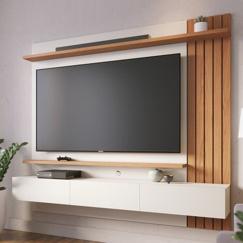 Painel para TV 70 pol com Bancada Suspensa 180cm Will C04 Off White Matte Freijó - Lyam Decor